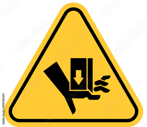 Crushing hazard warning sign pictogram of hand and machine part with downward arrow safety symbol for industrial danger isolated on white background