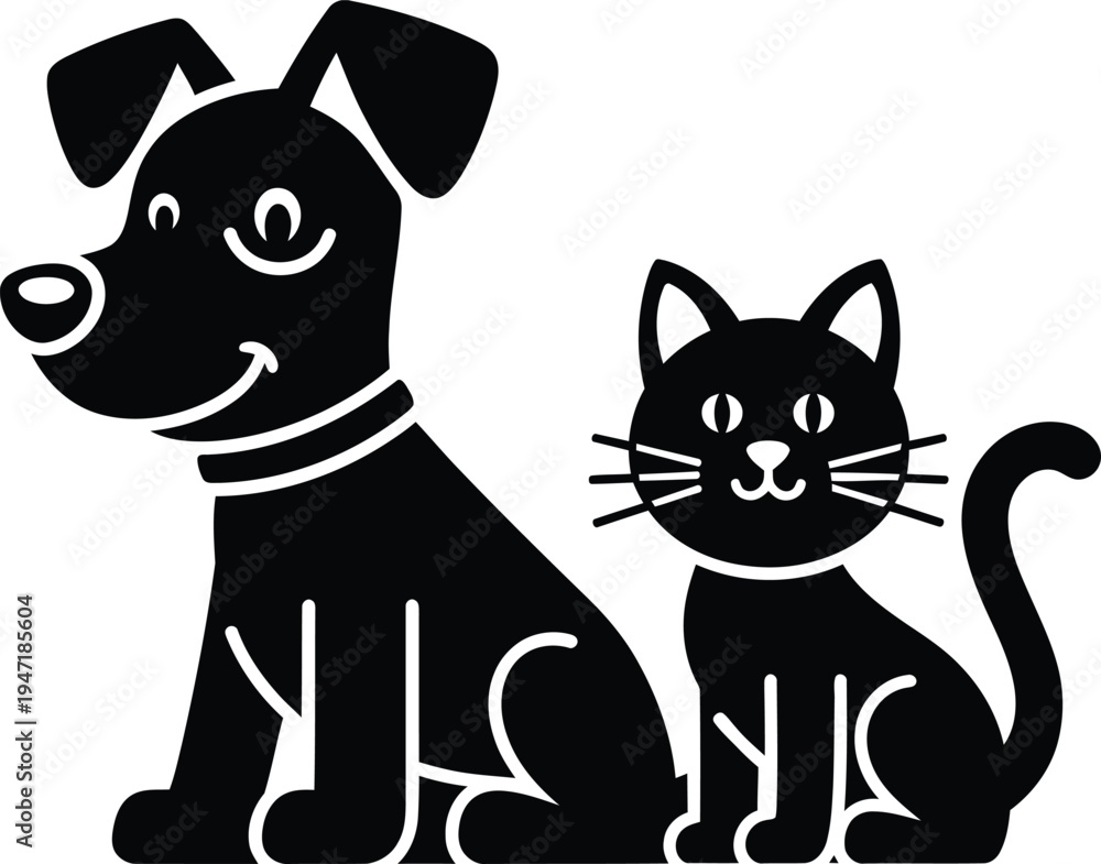 Obraz premium Cute dog and cat silhouette vector illustration isolated on white background for pet care and animal clinic branding.