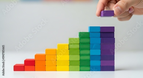 Colorful Building Blocks Being Stacked by a Hand to Create a Rainbow Pattern