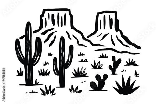 A desert landscape featuring iconic cacti and rock formations set against a clean and crisp white background on transparent background