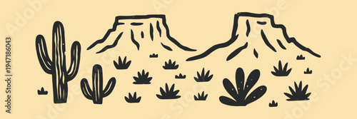 A desert landscape illustration with a majestic mountain range and various cacti plants in the foreground in silhouette