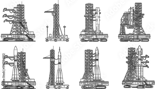 rocket launch pad vector set, space shuttle launch tower engineering structures, aerospace industry technology illustration collection