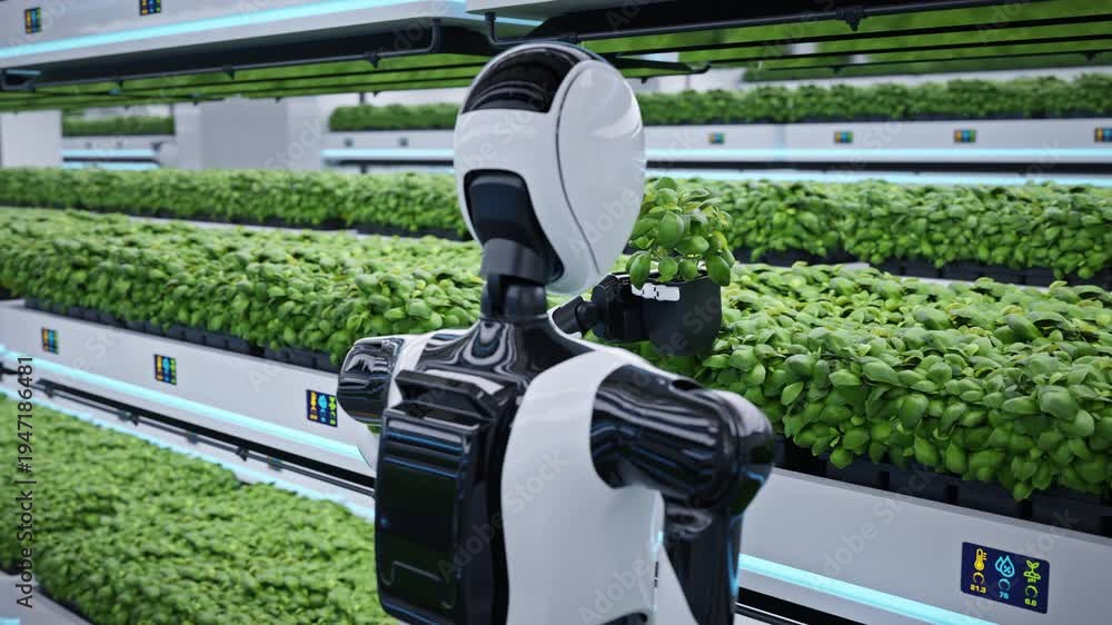 custom made wallpaper toronto digitalAdvanced AI-powered humanoid robot inspecting a plant in a fully automated greenhouse. Smart farming and AI robotics concept. Future sustainable agriculture technology. 3d animation rendering