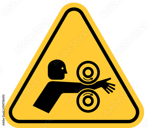 Warning sign for crushing hazard pictogram of a hand caught in rollers safety symbol for industrial machinery isolated on white background