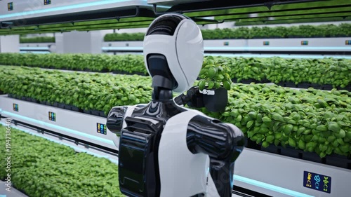 Wallpaper Mural Advanced AI-powered humanoid robot inspecting a plant in a fully automated greenhouse. Smart farming and AI robotics concept. Future sustainable agriculture technology. 3d animation rendering Torontodigital.ca