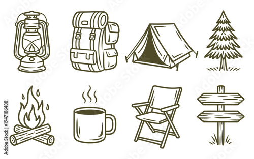 A collection of camping icons including a lantern backpack tent tree fire logs a steaming cup chair and signposts on transparent background