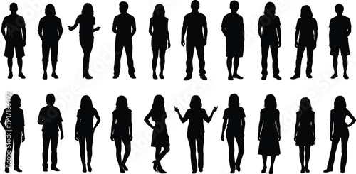 Five stylized human silhouettes standing in a row against a background of vertical black stripes Vector