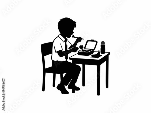 Schoolboy Silhouette Eating Healthy Lunch from Lunchbox at Desk