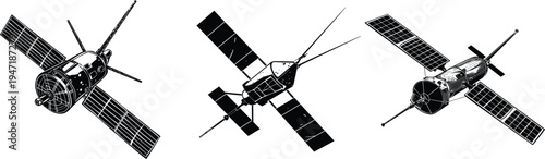 Three detailed orbital satellite spacecraft with solar panels and antenna black vector silhouettes