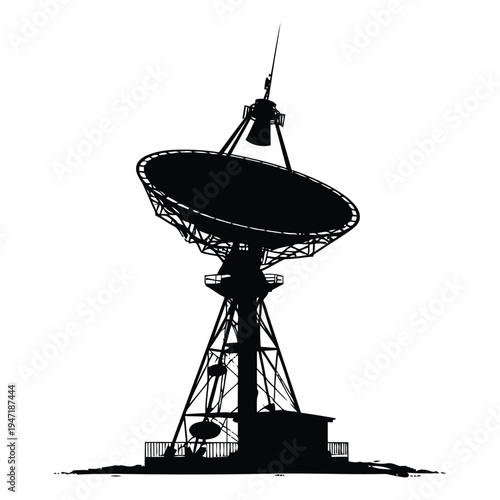 Single large radio telescope dish on steel tower structure black silhouette vector illustration