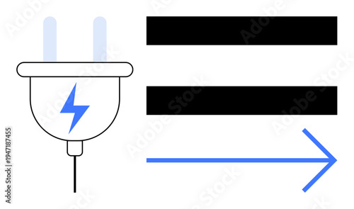 Electric plug with lightning bolt, parallel bars, and blue arrow indicating energy flow, power, and efficiency. Ideal for technology, sustainability, electricity, energy innovation minimalism