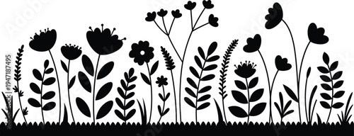 Black silhouette of various wildflowers and grasses on a white background landscape design element