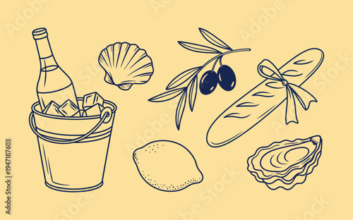 A simple line drawing of a bottle of wine and various French culinary items on a yellow background silhouette
