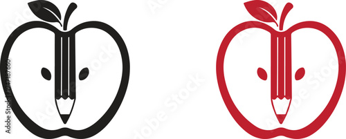 Apple with Pencil Education Symbol, Back to School Teacher and Learning Concept, Bold Minimalist Vector Silhouette