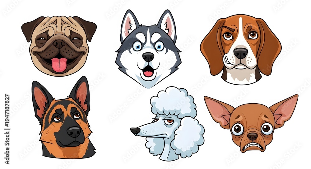 Fototapeta premium Collection of six cartoon dog faces featuring different breeds like pug, husky, beagle, German shepherd, poodle, and chihuahua.