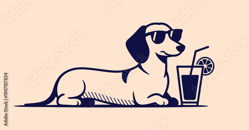 A dachshund dog wearing sunglasses and lying next to a glass of lemonade with a straw and lemon slice on a plain background silhouette