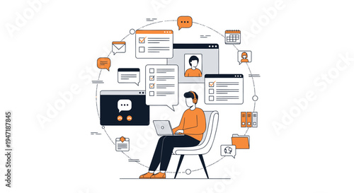 Vector illustration of man working on laptop with digital interface icons