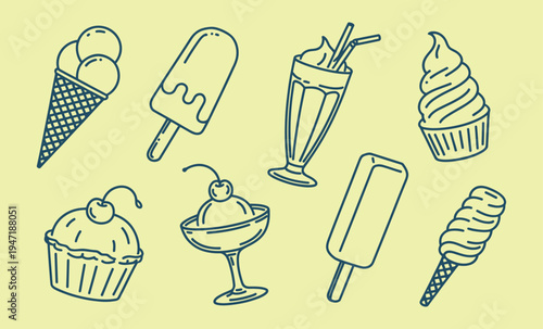 A variety of ice cream cones and sweet treats on a pale background silhouette