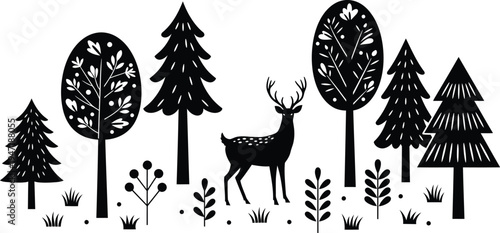 Black silhouette of a deer standing amidst trees and foliage in a forest landscape scene