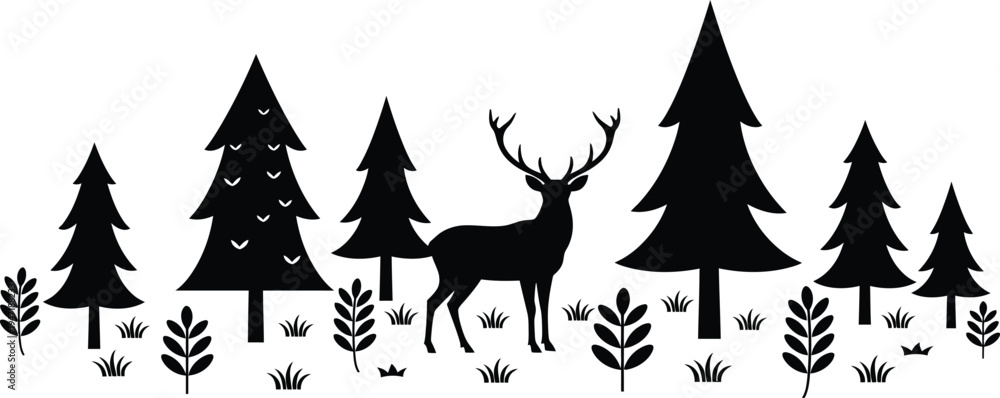 Fototapeta premium Black silhouette of deer with antlers standing among evergreen trees in forest landscape