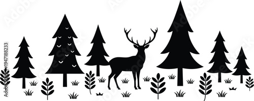Black silhouette of deer with antlers standing among evergreen trees in forest landscape