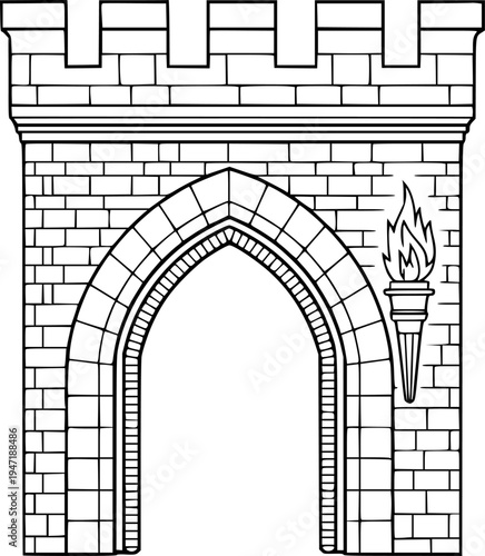Fotografie Medieval Castle Gate Archway with Torch Line architecture