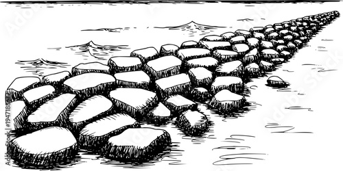 Hand Drawn of a Stone Breakwater Extending Into Rippling Water ocean