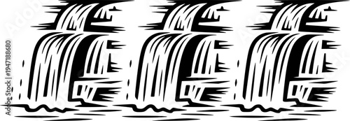 Stylized Black Waterfall Pattern White Background Isolated nature cascade