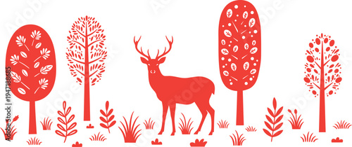 Red deer standing among autumn trees with foliage on a white background illustration