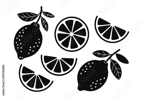 A set of black silhouette lemons and lemon slices on transparent background