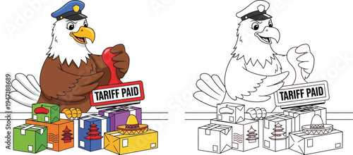 American Eagle Customs Officer Stamping Tariff Paid on International Packages Global Trade Cartoon