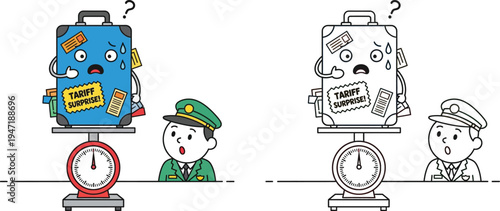 Customs Officer Faces Tariff Surprise Overweight Luggage Economic Travel Costs Cartoon