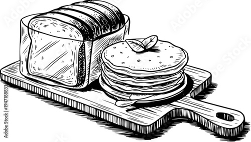 Hand Drawn of Sliced Bread Loaf and Stack of Pancakes with Basil Wooden Cutting Board