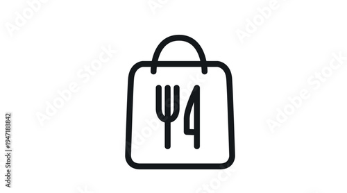 Simple black line take away bag with fork and knife icon, food delivery and takeaway meal symbol isolated on white background, restaurant pickup and online food order concept for web, app and interfac