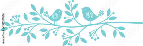 Teal illustration of two birds perched on a branch with leaves and foliage on white background