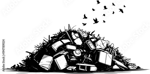 Black and white of a large pile of discarded household and a flock of birds flying overhead