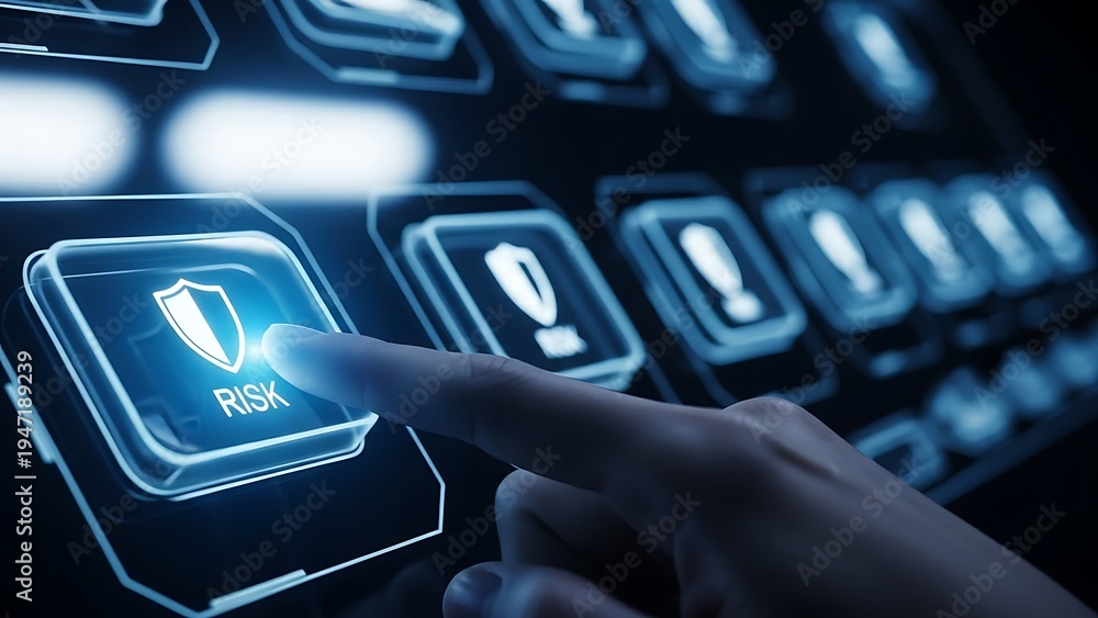 © graphicview35 - Finger pressing risk button with shield on futuristic interface screen hand