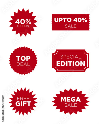 Set of Red Promotional Sale Stickers – Marketing Badges with Half Price, New Offer, Best Price, Special Edition, Mega Sale and Upto 40% Off Labels Isolated on White for Retail Business Advertising