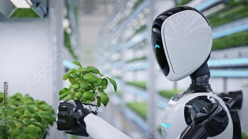 Wallpaper Mural Advanced AI-powered humanoid robot inspecting a plant in a fully automated greenhouse. Smart farming and AI robotics concept. Future sustainable agriculture technology. 3d animation rendering Torontodigital.ca