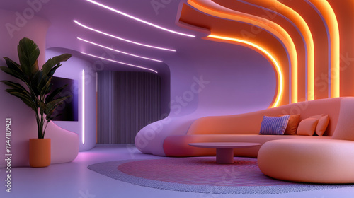 Futuristic living space illuminating with vibrant orange and purple neon lights, featuring a sleek curved sofa, geometric shapes, and a playful, modern interior design concept