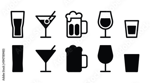 A collection of various drink icons including beer and wine glasses on transparent background