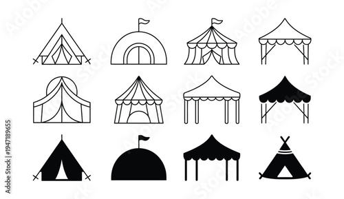 A collection of black and white illustrations of various tent styles and designs on transparent background