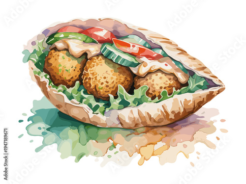 Watercolor illustration of falafel pita sandwich with vegetables and sauce with colorful paint splash