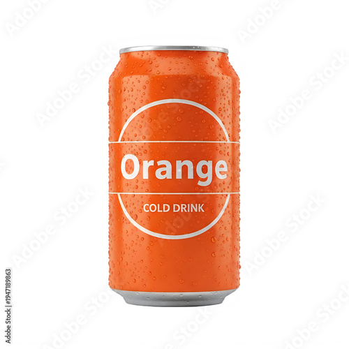 A refreshing orange soda beverage contained within a cold aluminum can covered in water droplets