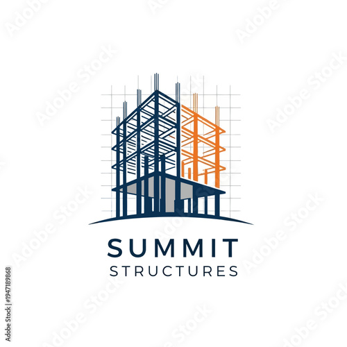Summit Structures Logo Design with Building Under Construction and Steel Framework, isolated white background.