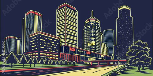 USA, US, U.S, United States - Houston downtown skyline night panorama vibrant urban lights
