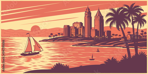 USA, US, U.S, United States - San Diego harbor skyline sunset panorama Pacific coastline reflections 
