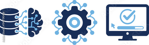 Set of 3 technology icons vector, database, gear, computer