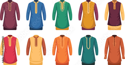 Colorful traditional Panjabi kurtas for men, ethnic wear, cultural clothing, fashion