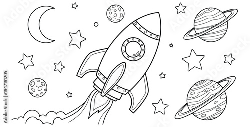 Simple black and white outline drawing of a cartoon rocket ship blasting off through space near planets stars and a crescent moon perfect for coloring activities.